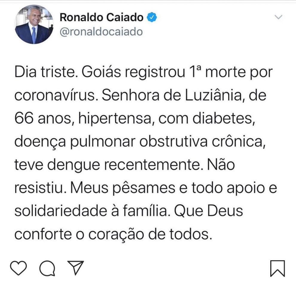 (Post no Twitter do Governador Ronaldo Caiado)