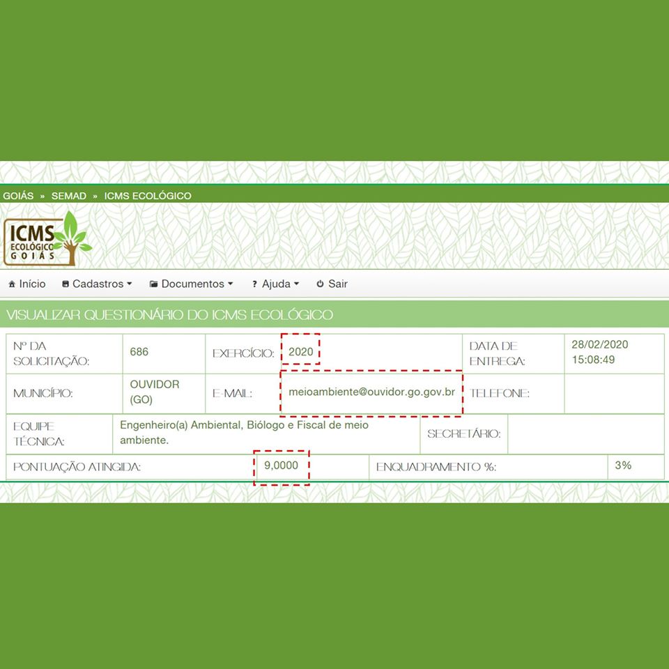 Nota do ICMS Ecológico. (Reprodução/Prefeitura de Ouvidor)