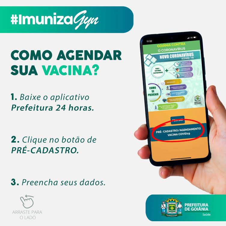 Acesse o #ImunizaGyn e faça seu agendamento de vacinação via aplicativo (Reprodução / Secom Goiânia)