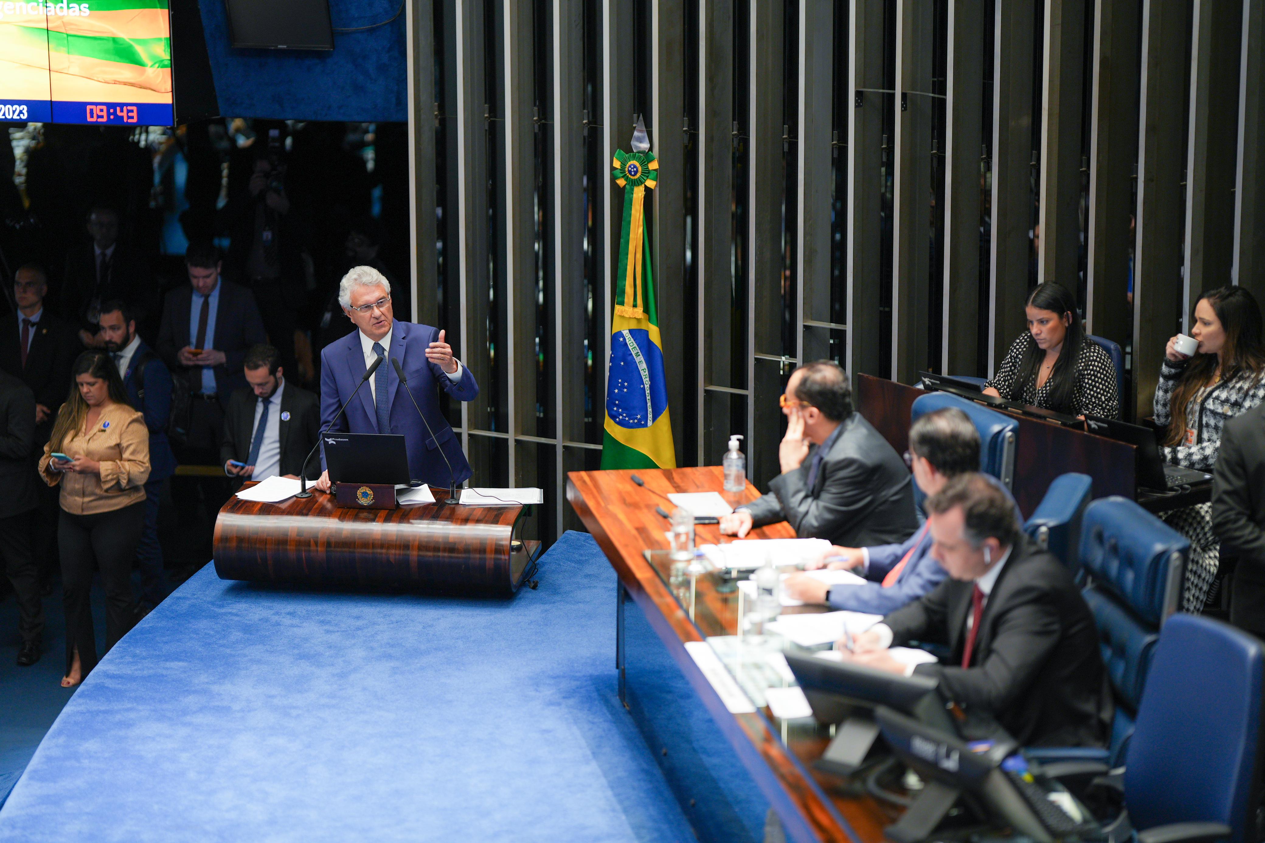 Governador Ronaldo Caiado durante sessão no Senado Federal, em que criticou estudo do Ipea e também os efeitos da reforma tributária para Goiás