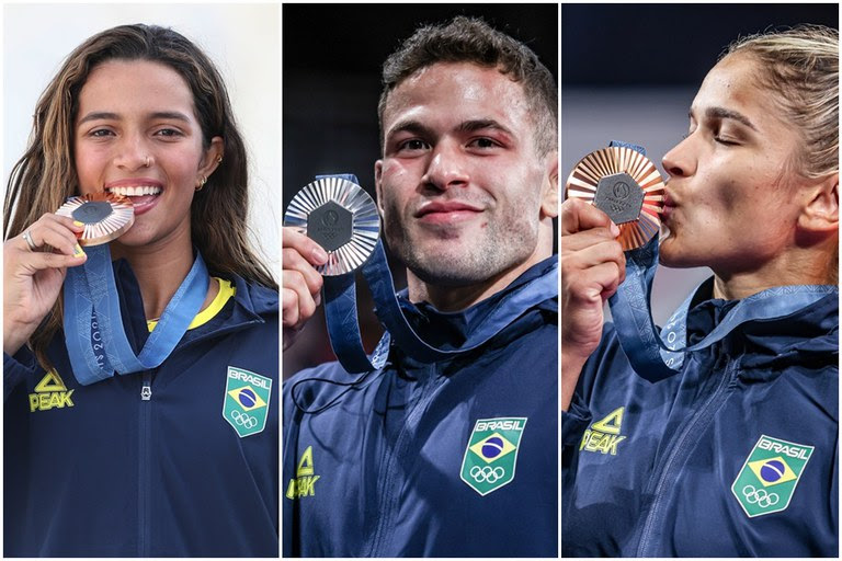 Rayssa Leal do skate street, Willian Lima e Larissa Pimenta, do judô. Os primeiros pódios brasileiros em Paris. Foto: COB